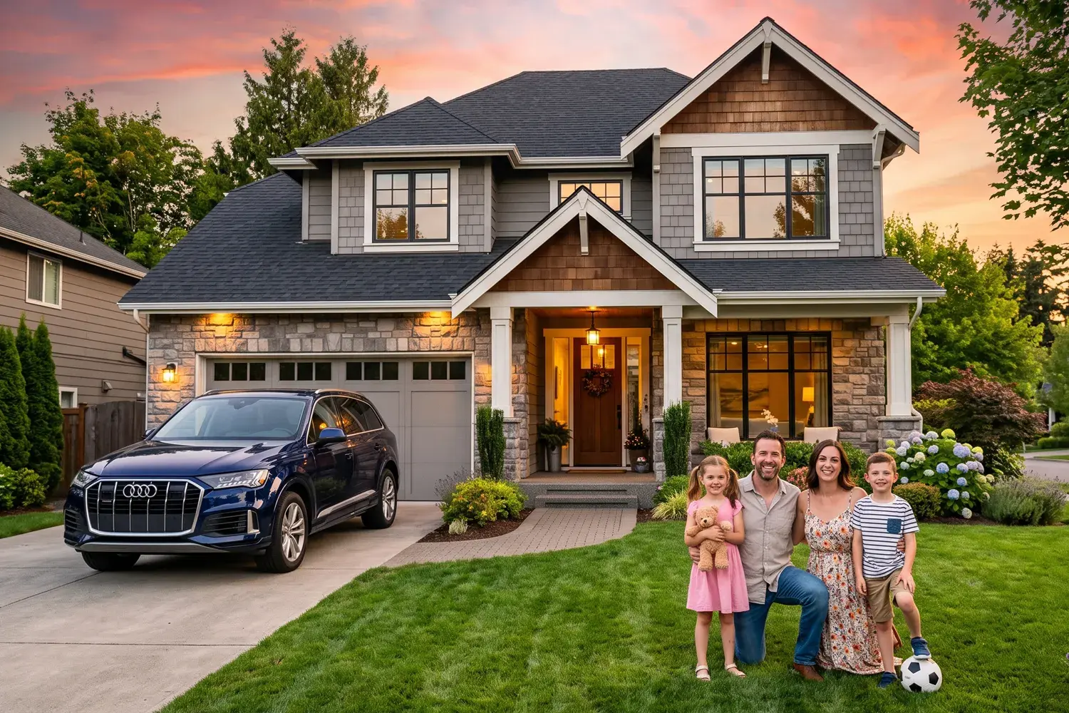 Happy Family in front of home and car